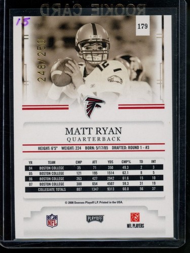 2008 Playoff Prestige MATT RYAN #179 Rookie RC Xtra Points Gold /250 Falcons - Picture 2 of 2