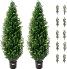Artificial Cedar Topiary Tree, 48 Inch Tall (2 Pieces), with Extra Leaves & Pot