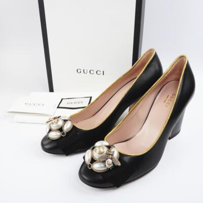 Gucci Women's Block Heel Bee Pumps Leather Shoes in Black Gucci Women's Block Heel Bee Pumps Leather Shoes in Black