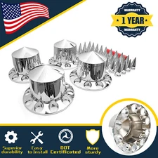 Chrome Hub Cover Kit Semi Truck 33mm Lug Rear Spiked Wheel Axle Nut Covers