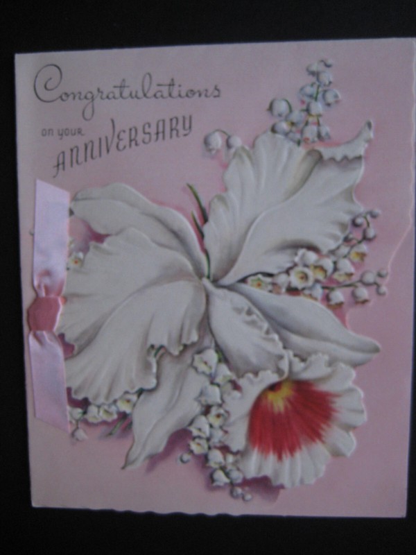 UNUSED 1940s vintage greeting card Sunshine Line ANNIVERSARY White Orchid w/ Bow