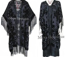 Black Kimono Fringe Jacket Opera Coat Silk Burnout Velvet Maya Matazaro Plus