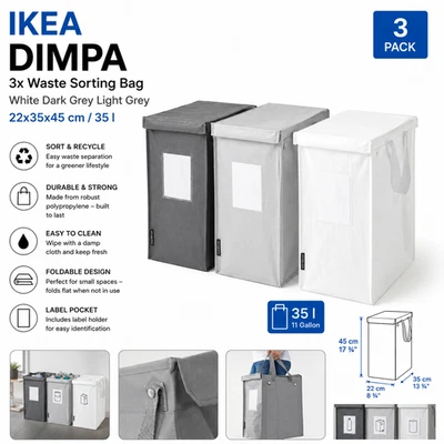 IKEA DIMPA 3x Sac de tri des déchets, Blanc Gris foncé Gris clair, 22x35x45 c... - Photo 1/4