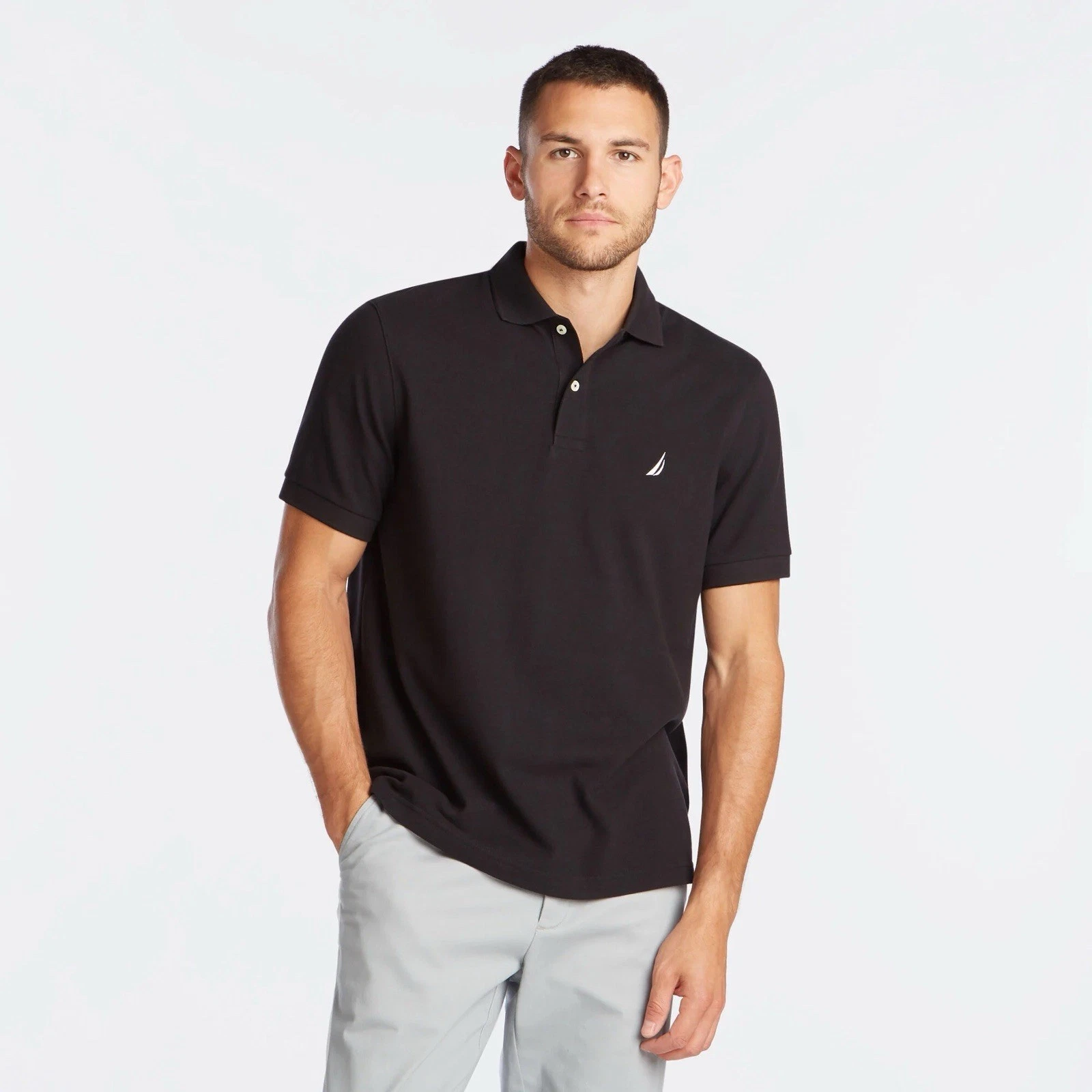 NWT Nautica Short Sleeves Classic Fit Deck Polo Shirt XS S M L XL XXL (Black)