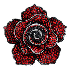 Red Crystal Rose Brooch Pin Black Metal Floral Costume Jewelry