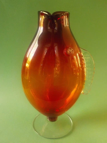 dated 2003 & signed Blenko Amberina Red Glass Fish Vase 13+"