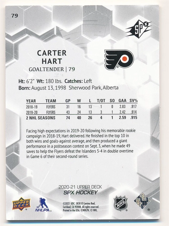 CARTER HART 2020-21 SPX #79 SP PHILADELPHIA FLYERS #137/299 MINT - Image 2 of 2
