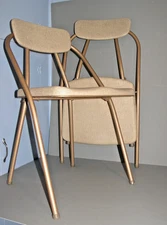 Vintage Pair Beige Cosco Stylaire Metal Folding Chairs MCM Retro Atomic 60s