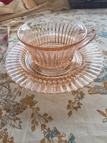 CUP & SAUCER Pink Depression Glass Anchor Hocking Queen Mary Ribbed