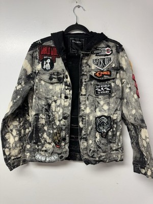 Reason Distressed Denim Jacket Mens S Hooded Patchwork Grunge Punk