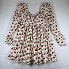 ASOS Design Floral Puff Sleeve Babydoll Mini Dress White Red Rose US 8 NEW