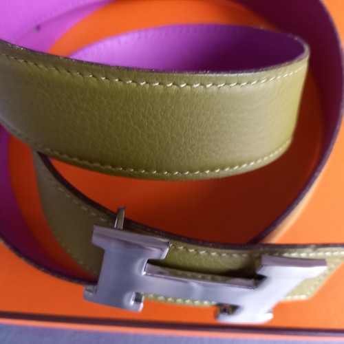 Hermes 95 Ledergürtel 32 Lila Grün Topp Zustand Wende Gürtel Silber Schließe - Bild 5 von 14