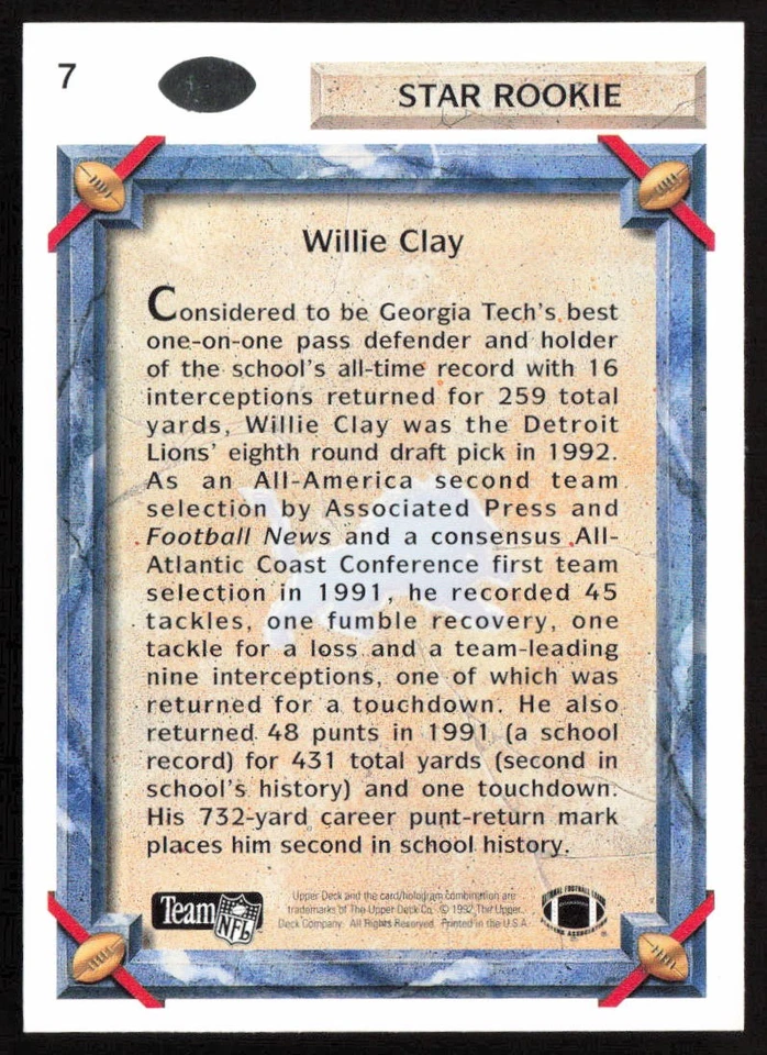 1992 Upper Deck Willie Clay #7 Rookie Detroit Lions - Image 2 of 2