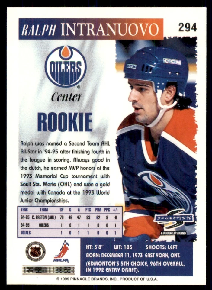 1995-96 Score Ralph Intranuovo Edmonton Oilers #294 - Image 2 of 2