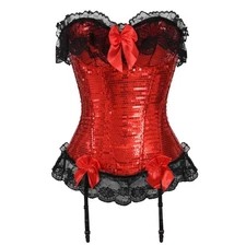 Christmas Red Over Bust Corset Sequin & Black Lace Burlesque Uk 8