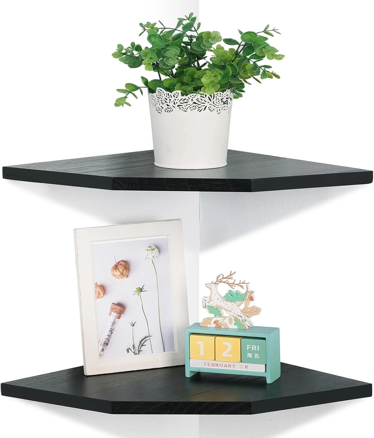 Corner Wall Shelves Set of 2, Rustic Wood Corner Floating Shelves with Cable