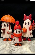 3pc Autumn Ghost Figurine Set Freestanding Umbrella Pumpkin Leaf Bow Decor