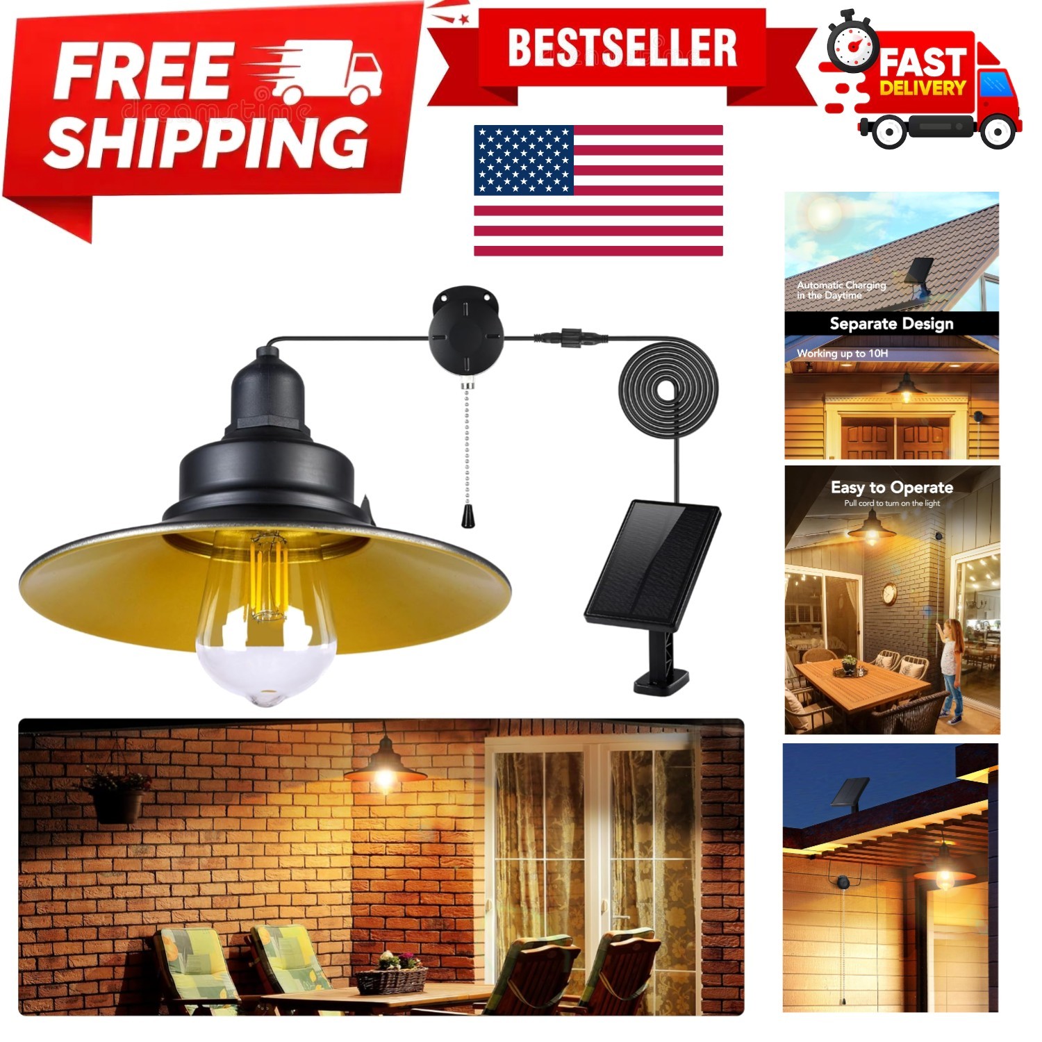 Solar Pendant Light Indoor Outdoor, Solar Shed Light  Waterproof Metal Powere...