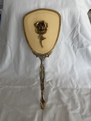 Vintage Hand Held Mirror With Gold Tone Floral Design￼