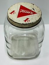 Vintage Tom's 1 Cent Candies Glass Jar Counter Display Container w/Metal Lid