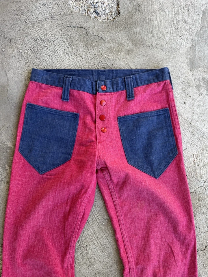 复古 20 世纪 70 年代 Peter Max 牧马人铃铛底部嬉皮拼布裤子 29 英寸 x 31 英寸 — 第 2/4 张图片