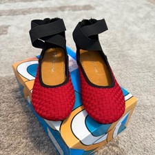Bernie Mev Kids Red Woven Ballet Flats Black Elastic Ankle Strap Back Zip Kids 1