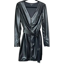 NWOT GUESS Faux Leather Black Zip Front Belted Mini Dress – Size L