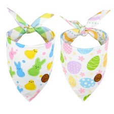 Easter Dog Bandanas Large 2 Pack, Colorful Bunnies Eggs Set, Floral Stripe Adjus