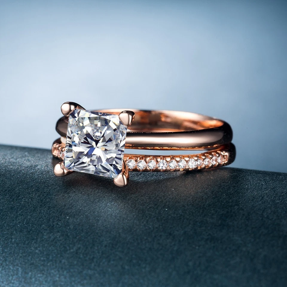 Princess Cut Simulated Peach Morganite Bridal Band Ring In 14k Rose Gold Plated - Image 3 of 4