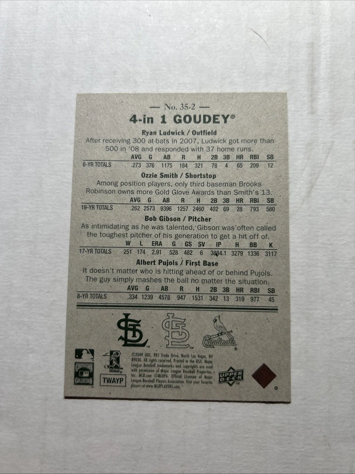 2009 Goudey 4-in-1 Blue Ryan Ludwick Ozzie Smith Albert Pujols Bob Gibson HOF MT - Image 2 of 2