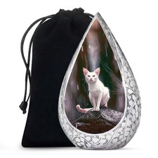 White Cat Sitting On Rock Large Burial Urn For Ashes Adult Female 10 Inch 