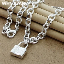 925 Sterling Silver Round Square Lock Pendant Necklaces Thick Rolo Chain Jewelry