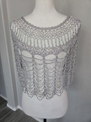 Beaded Crochet Flapper Gatsby Evening Capelet Cape Shawl Silver Gray One Size