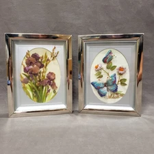 Vtg 3D Beaded Floral Art Pair Mixed Media Iris Flowers Butterfly Grandmacore