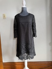 NWT Black Crochet Short Lace Layered Dress Eyelet Scalloped Shift Boho Timeless