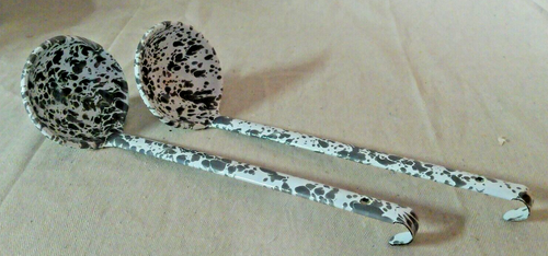 Crow Canyon Home Enamelware Soup Ladle Lot 2 pieces Battleship Gray Splatter