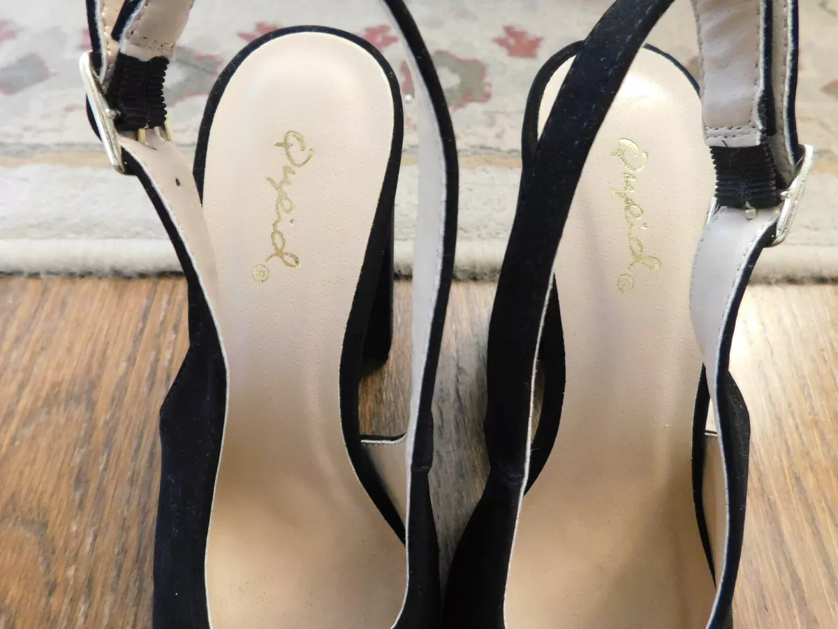 Qupid Chunky Heels Pump Shoes Black Slingback Faux Suede Classy