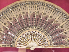 Antique Victorian ladies fan shadow box framed silver  gold sequins hand painte