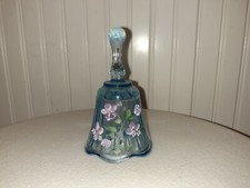 Fenton Blue Glass Bell with Hand Painted Flowers made in USA 4.1" tall x 2.5"