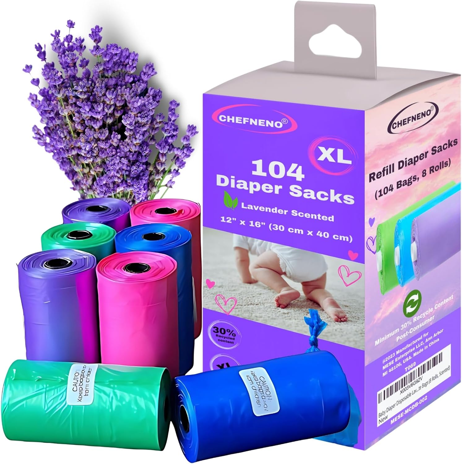 Baby Diaper Bag Disposable Lavender Scented Refill 8 Rolls (104 Diaper Sacks) Do-image