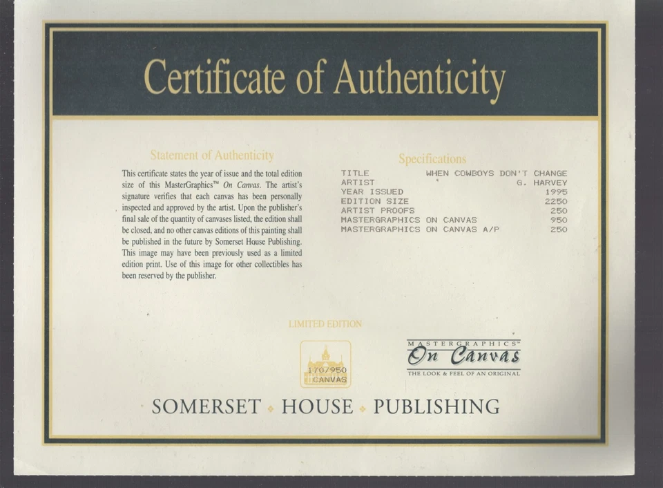 Pintura de G. Harvey / Firmada / Numerada / Certificado de autenticidad / Cuando los vaqueros no cambian / 1995 Foto 3 de 4