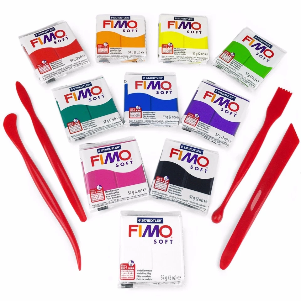 FIMO Soft Polymer Modelling Clay Beginners Set -10 x 57g Clays + Modelling Tools