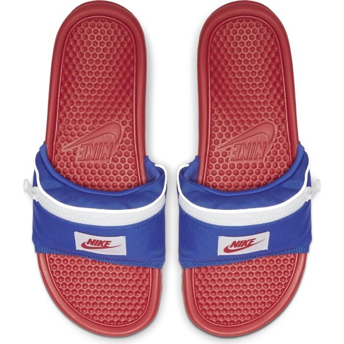 red and blue nike slides