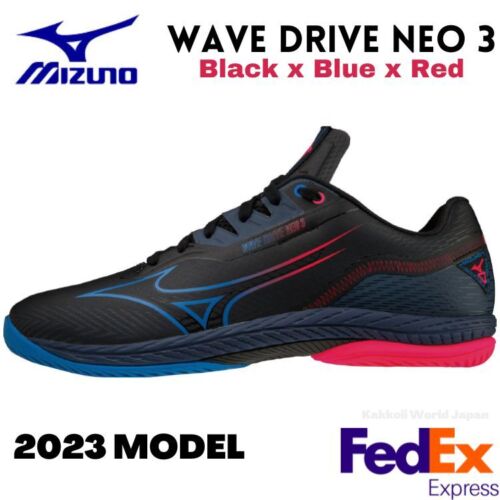 Mizuno Unisex Table Tennis Shoes WAVE DRIVE NEO 3 Black/Blue/Red 81GA2200 21 NEW - Picture 1 of 9