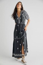 Free People Riley Embroidered Short Sleeve Midi Dress in Grey Size XS RRP $188