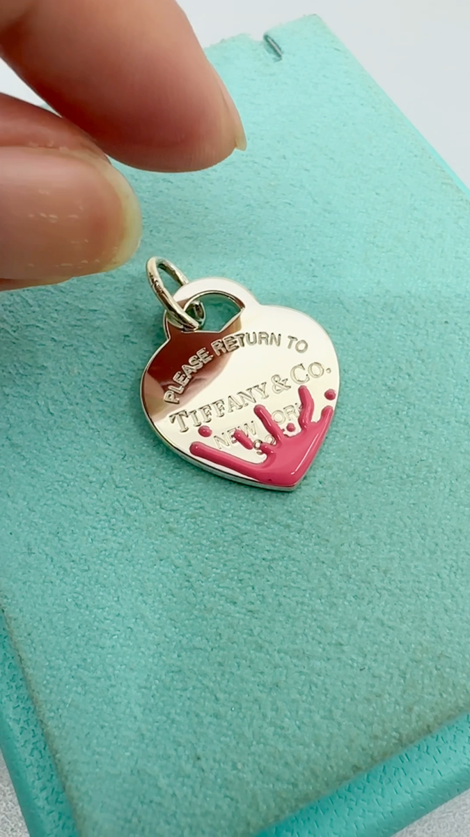 Tiffany & Co. 925 Silver MED Pink Splash RTT Heart Charm Pendant
