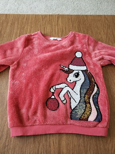 H&M Unicorn Sweatshirt Girls Sz 6X/7 Pink Fleece Sequin Color Change Santa VGC - Picture 2 of 5