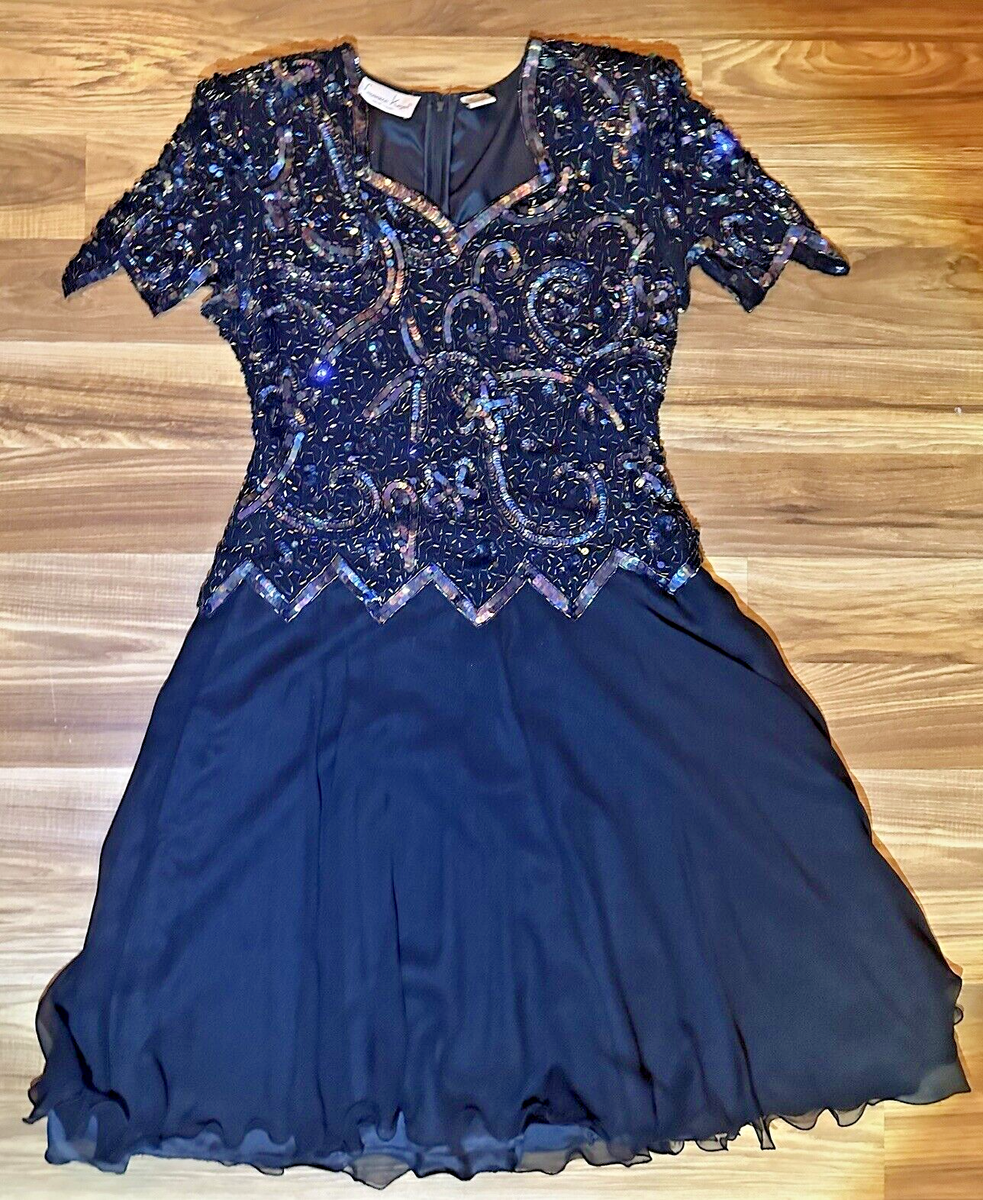 New Vintage Laurence Kazar Beaded Sequined Silk Dress Navy Blue Large | eBay