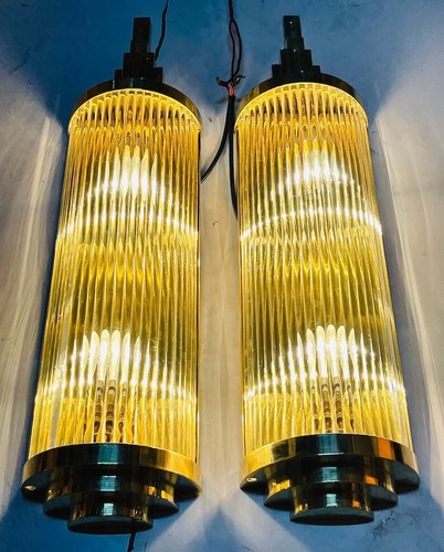 Large Mid Century 1920’s Art Deco Brass & Glass Rod Wall Light Fixture Lot of 2 - Picture 6 of 10