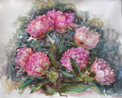 PEONIES  - Indiana Nika Zakharov ORIGINAL SIGNED WATERCOLOR Impressionism 